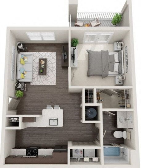 Floor plan for 1 bed, 1 bath, 739 sqft